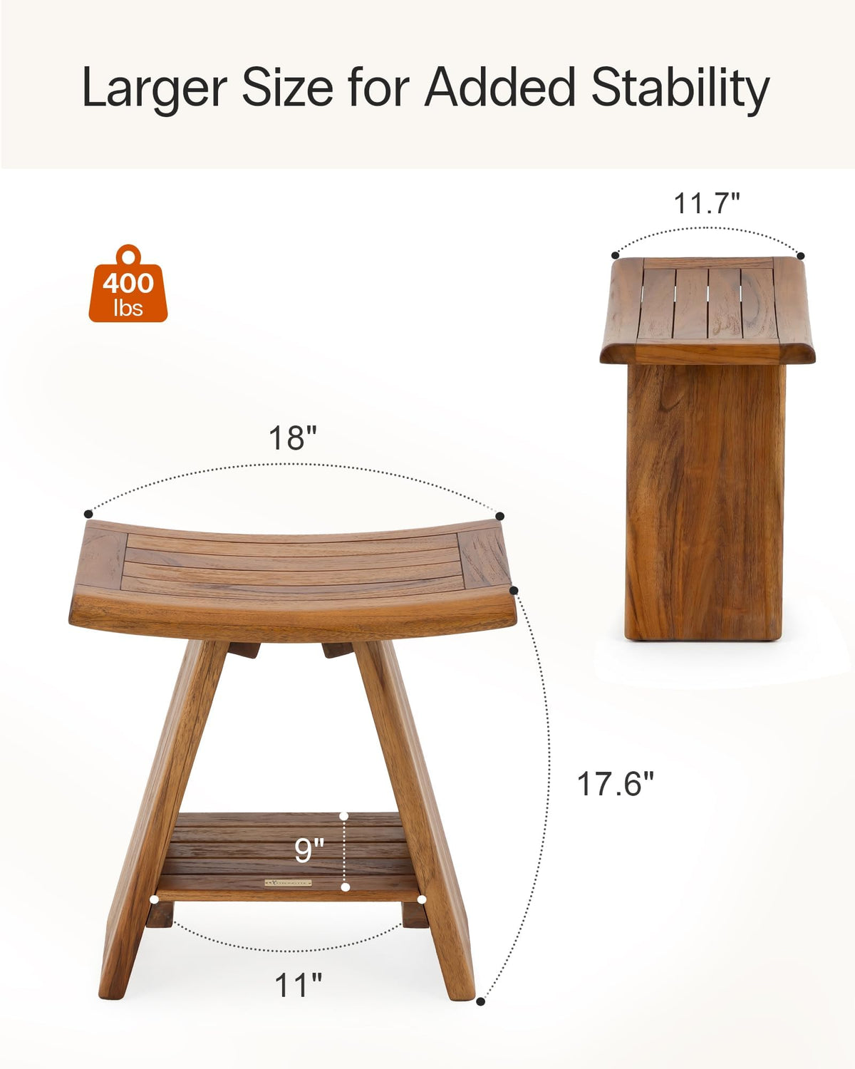Teak Shower Stool with Shelf, 18 in, 400 lb Capacity Y613