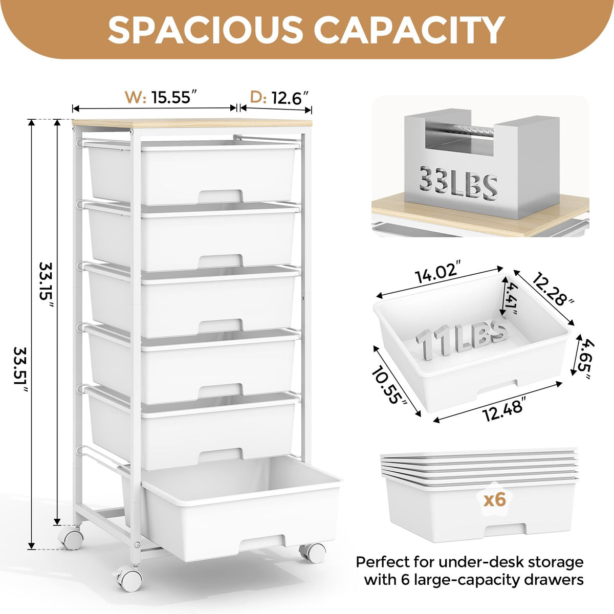 6 Drawer Rolling Storage Cart with Wooden Top and Wheels D2454