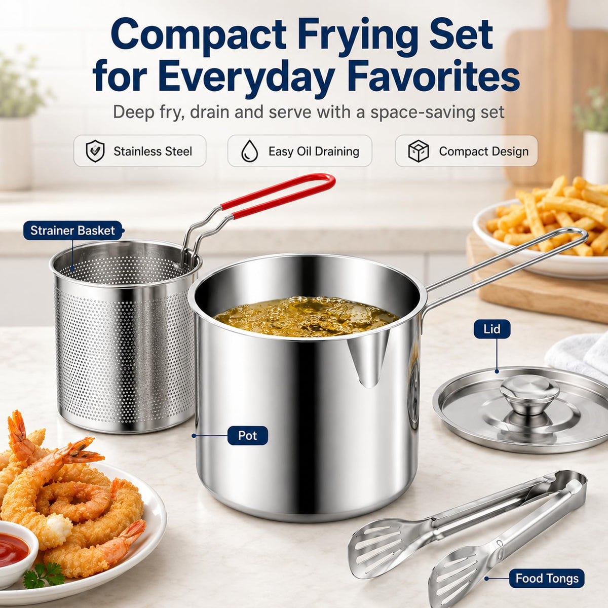 Stainless Steel 3 Piece Deep Fryer Set D42344