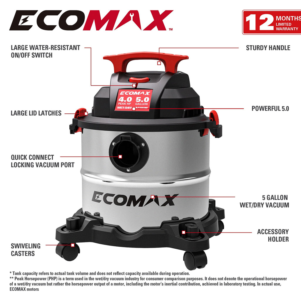 Wet and Dry 5 Gallon 4 HP Stainless Steel Shop Vacuum E99158