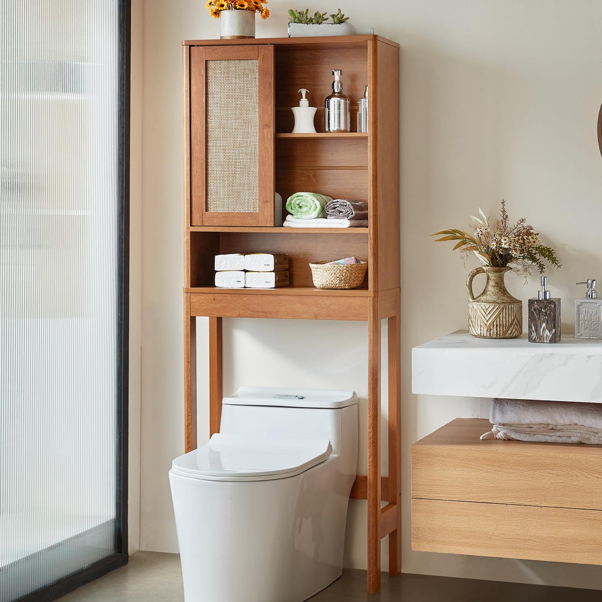 68" Over the Toilet Storage Cabinet with Rattan Sliding Door G2512