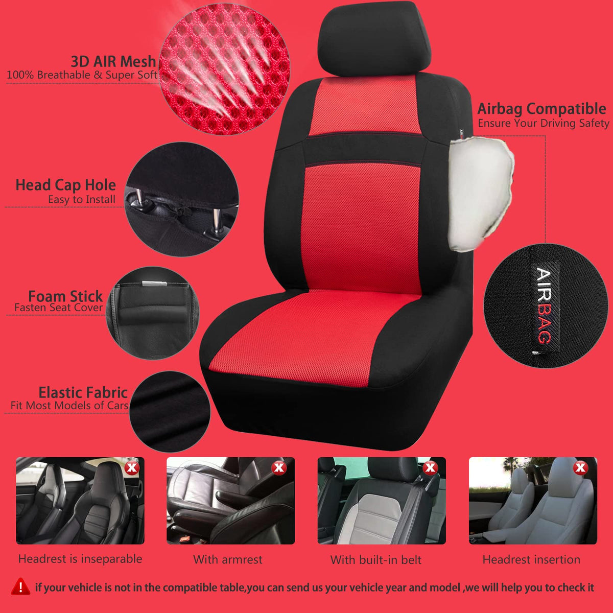 3D Air Mesh Car Seat Covers Full Sets with 4Pcs Floor Mats and Steering Wheel Cover Black Red P1203