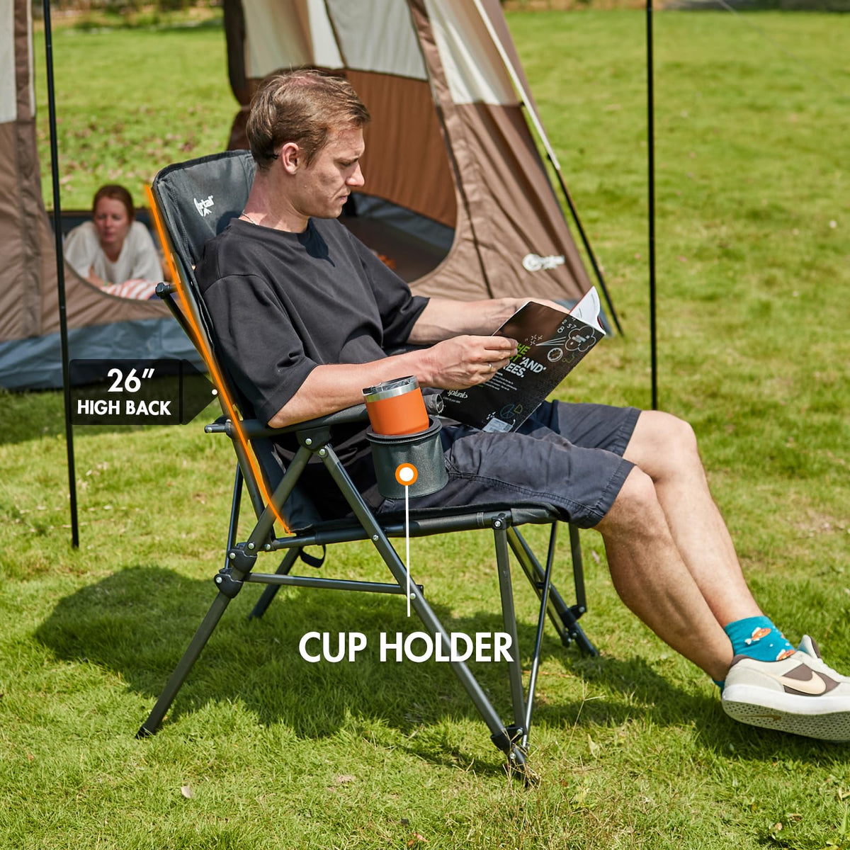 Oversized Folding Camping Chair with Cup Holder Black J90673