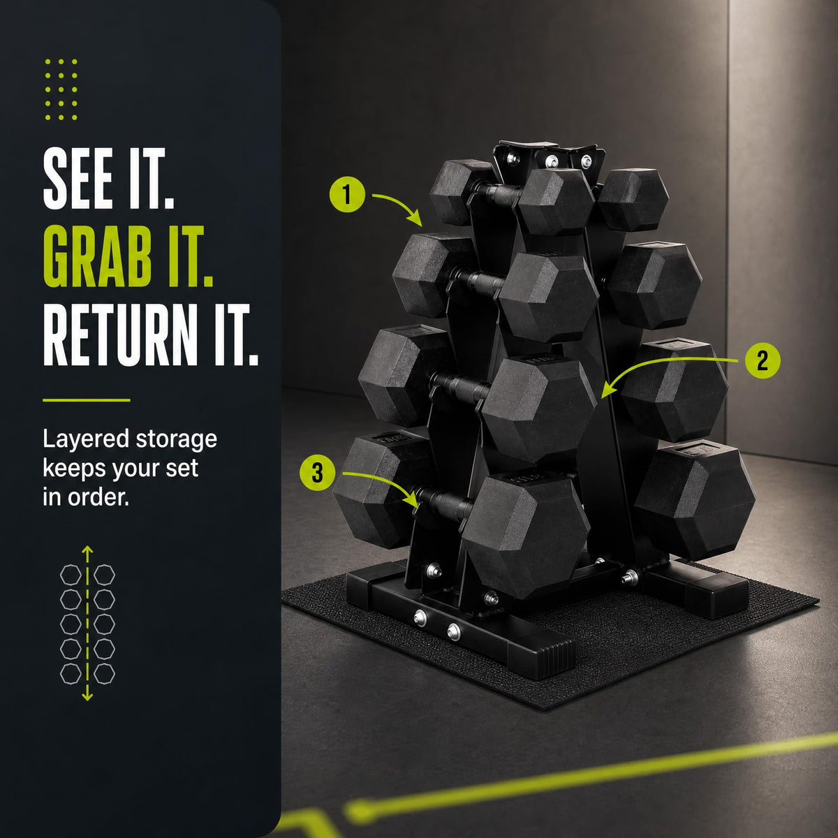 Rubber Coated Hex Dumbbell Weight Set with Rack H281