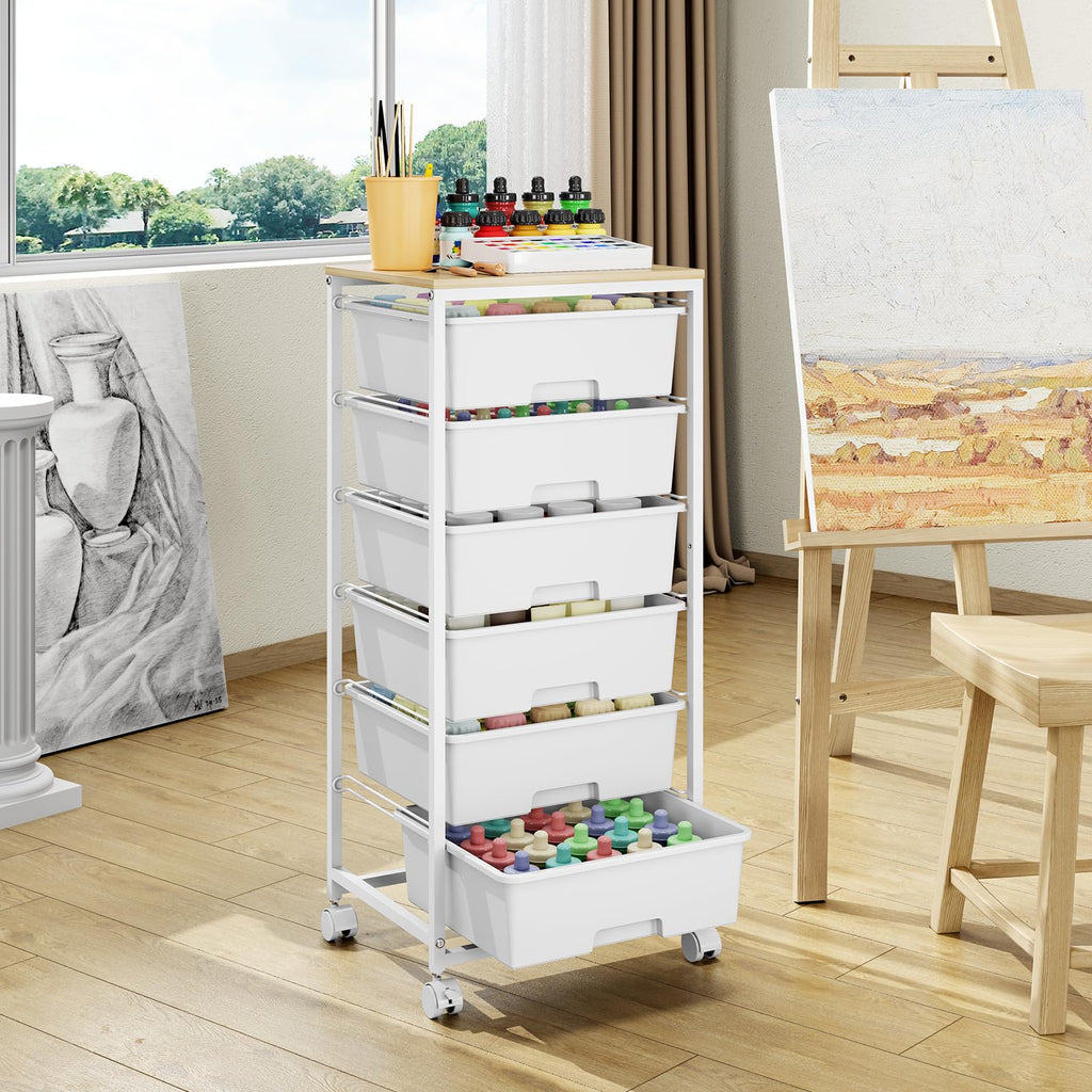 6 Drawer Rolling Storage Cart with Wooden Top and Wheels D2454
