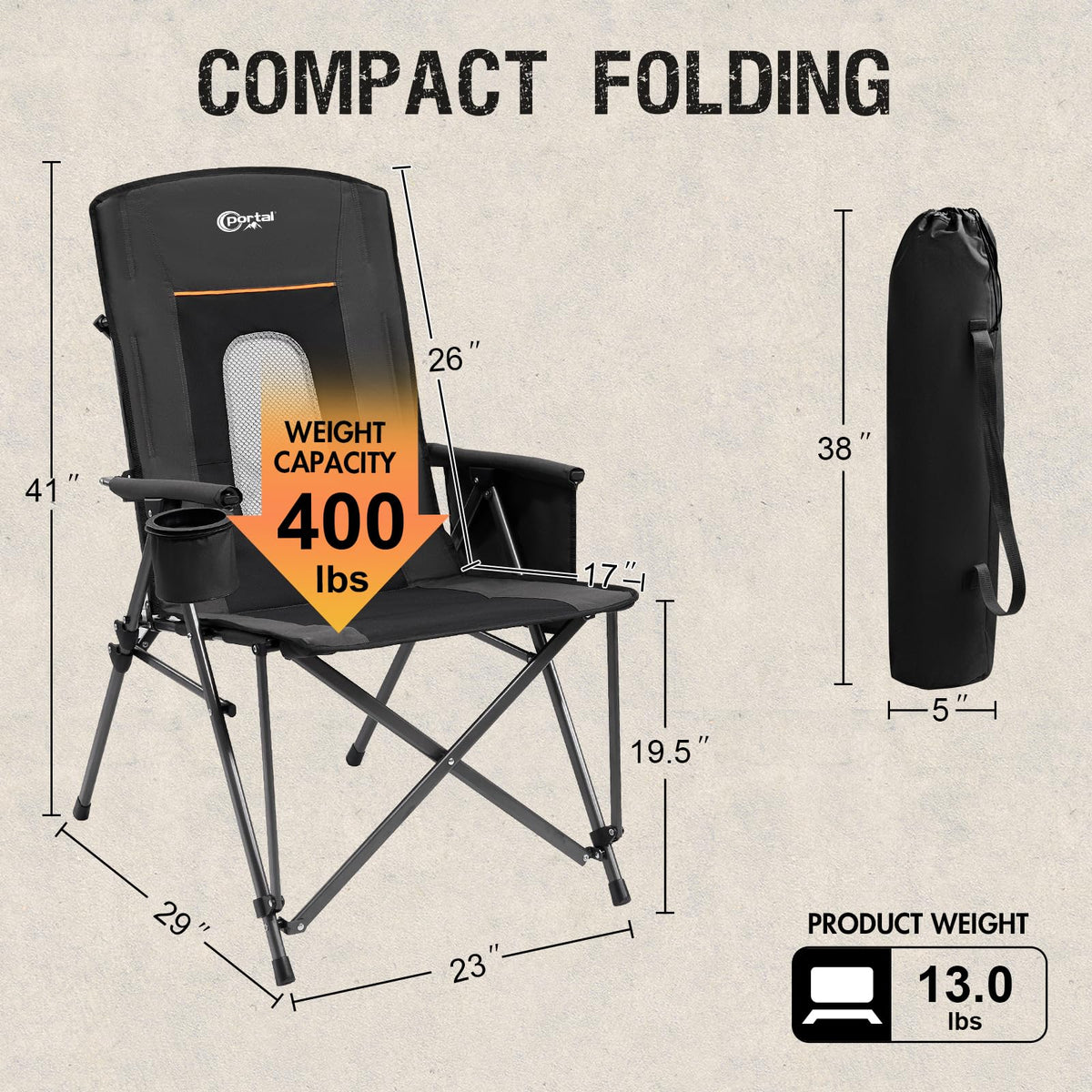 Oversized Folding Camping Chair with Cup Holder Black J90673