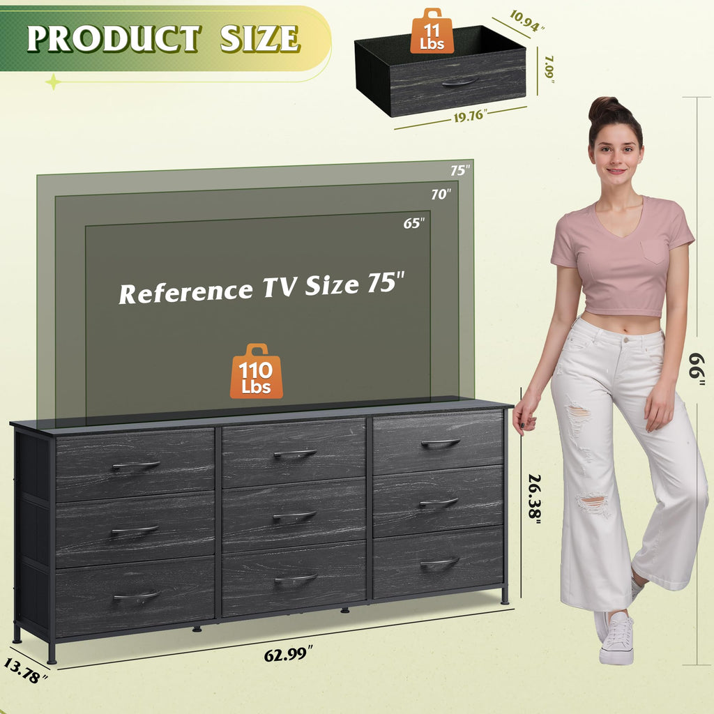 Black 9 Drawer Wood Dresser TV Stand V7775