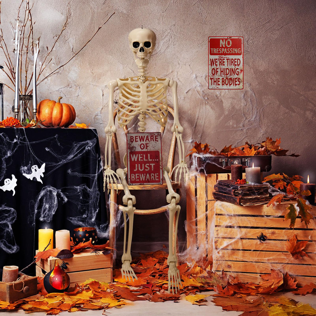 5.4 ft Posable Skeleton with 2 Pack Metal Signs P316