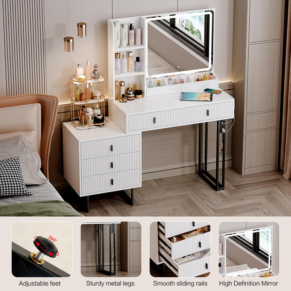 White Vanity Desk with Mirror and 5 Sliding Drawers O26617