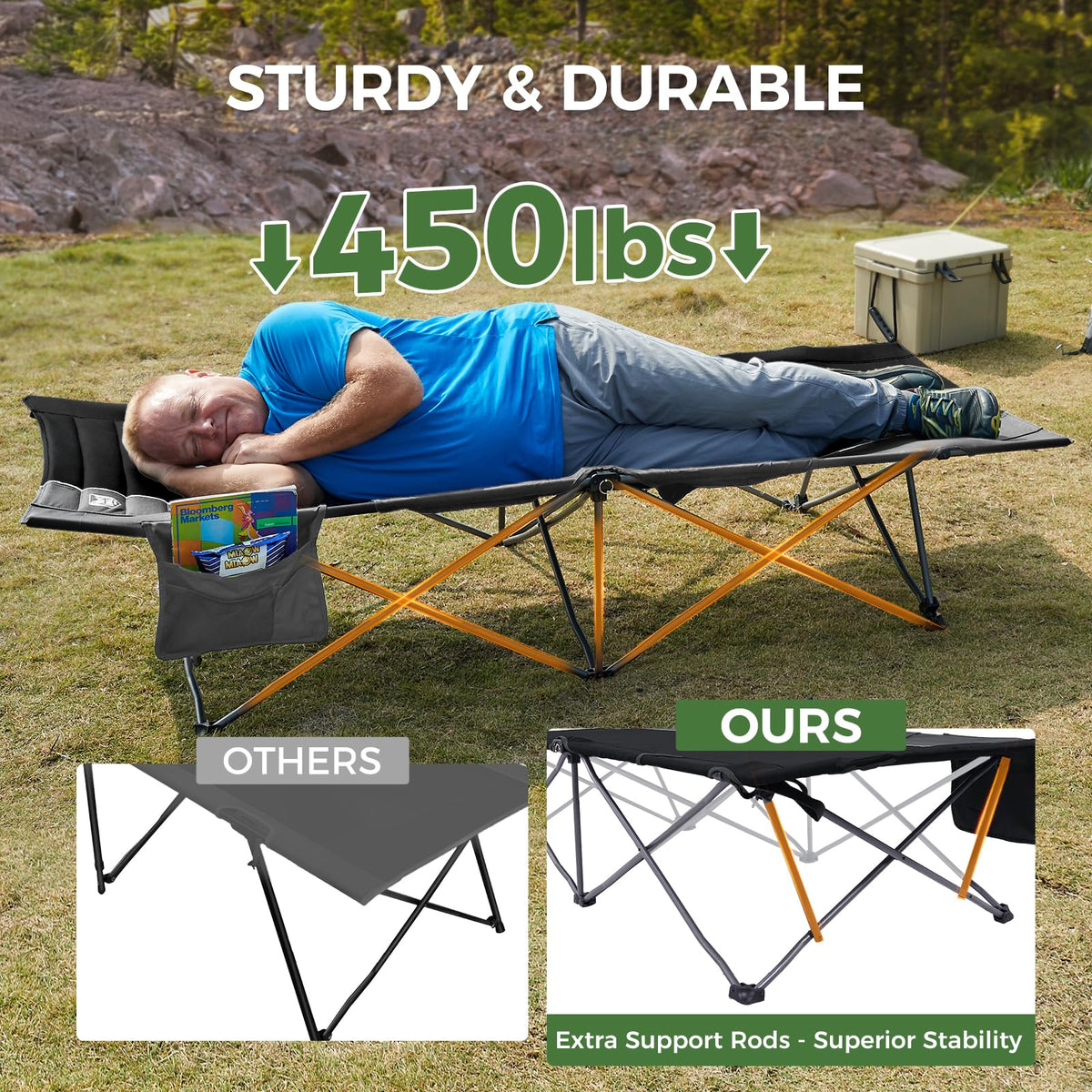 Extra Wide Heavy Duty Oversized Sleeping Cot with Carry Bag Black K612