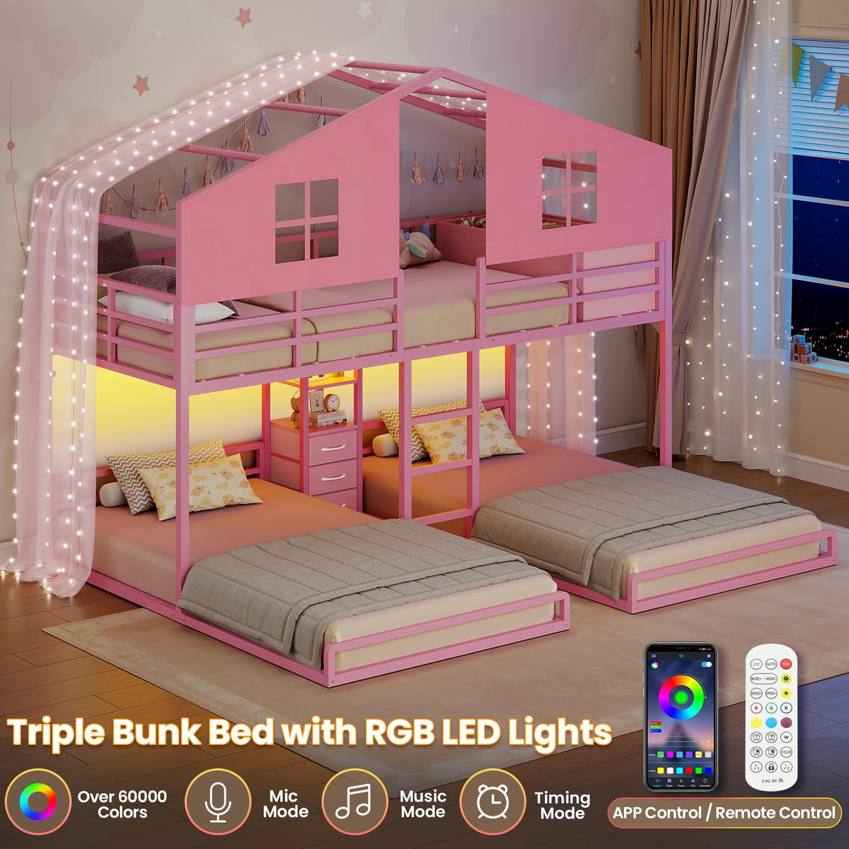 Triple Bunk Bed Twin Over Twin with Storage O95500