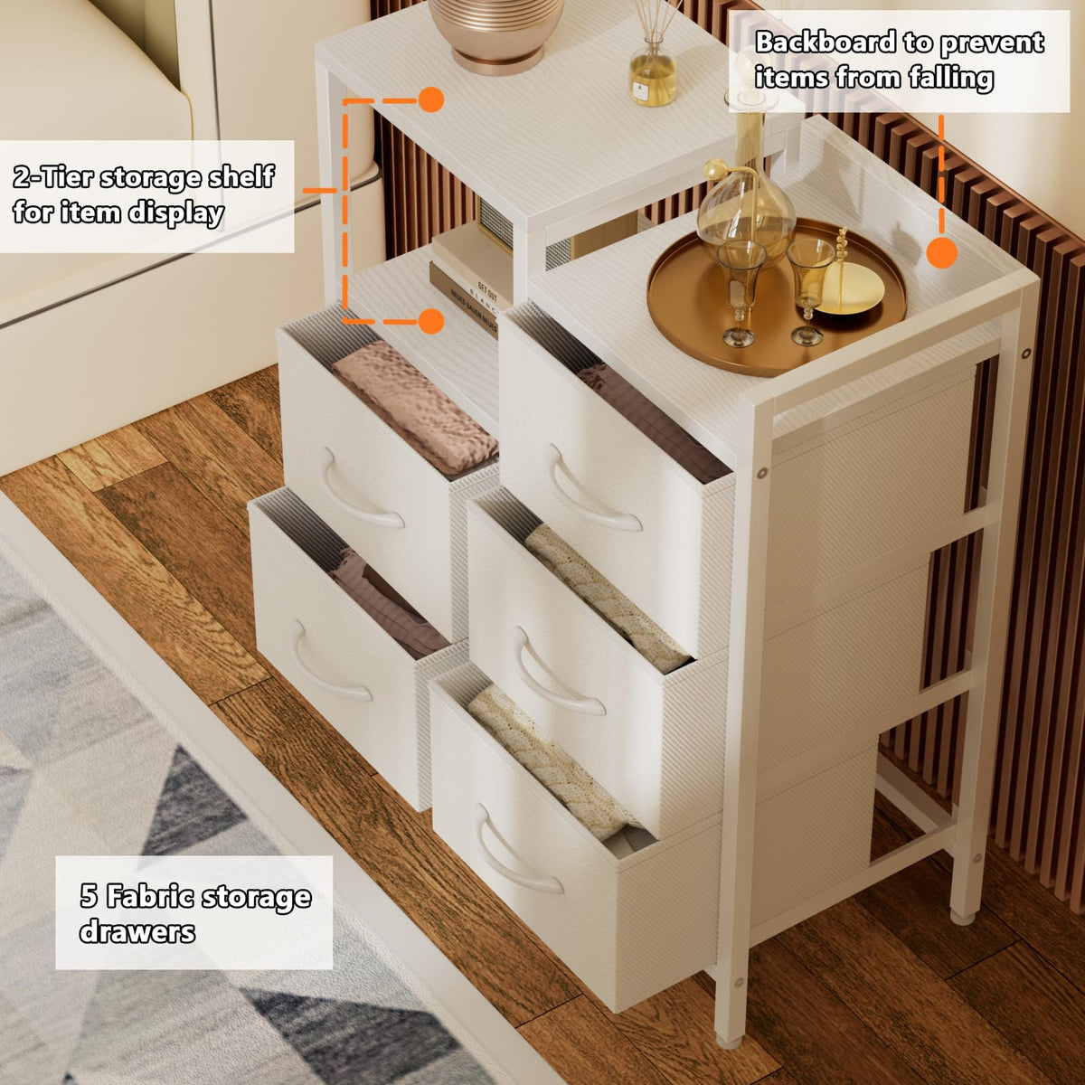 White 4 Drawer Dresser with 5 Storage Bins O68613