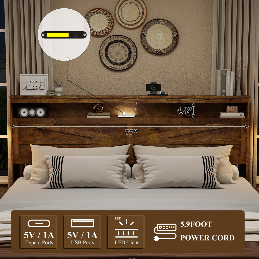 King Size Wood Platform Bed Frame with Headboard Storage Shelf N6495
