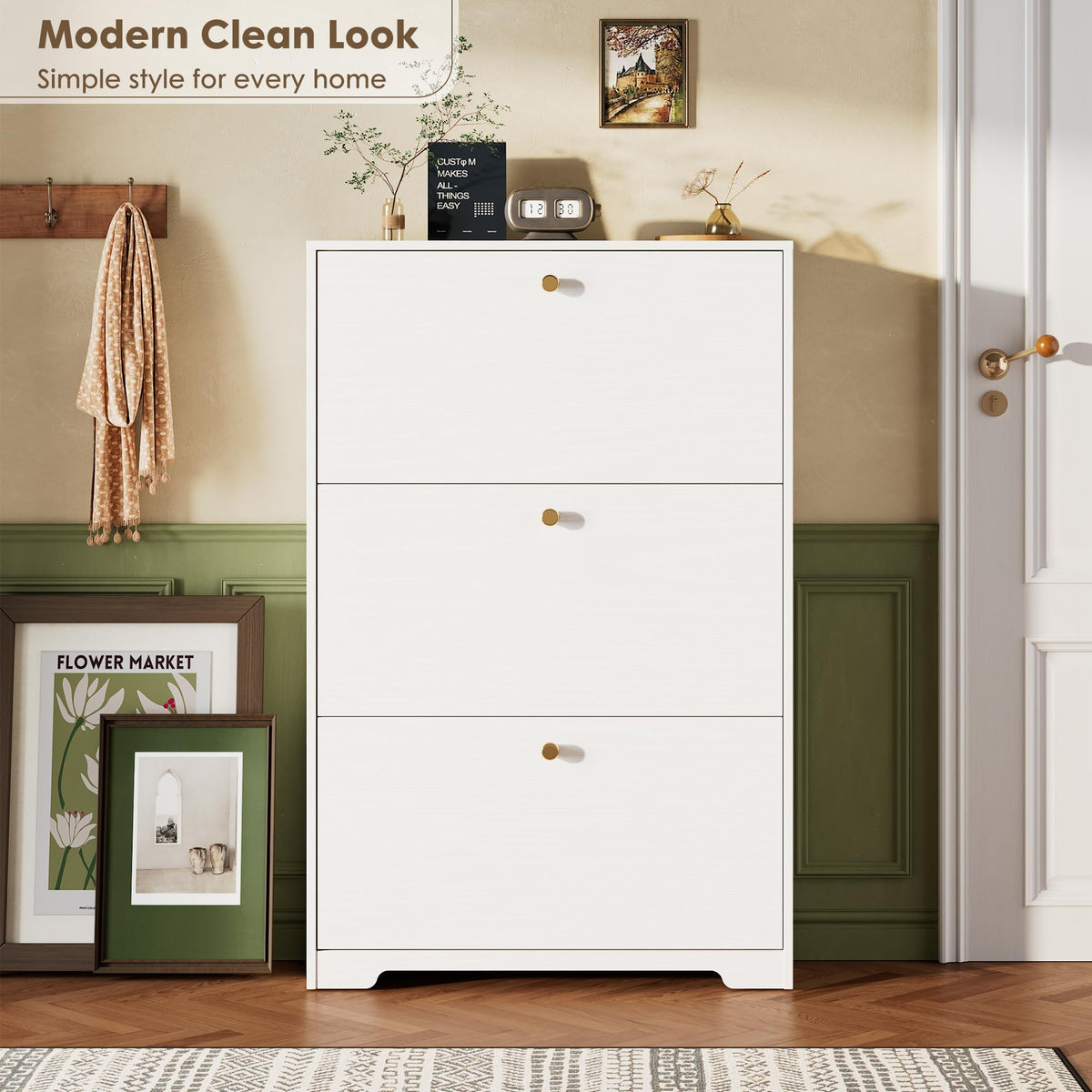 White 3 Flip Drawers Narrow Shoe Storage Cabinet K9918