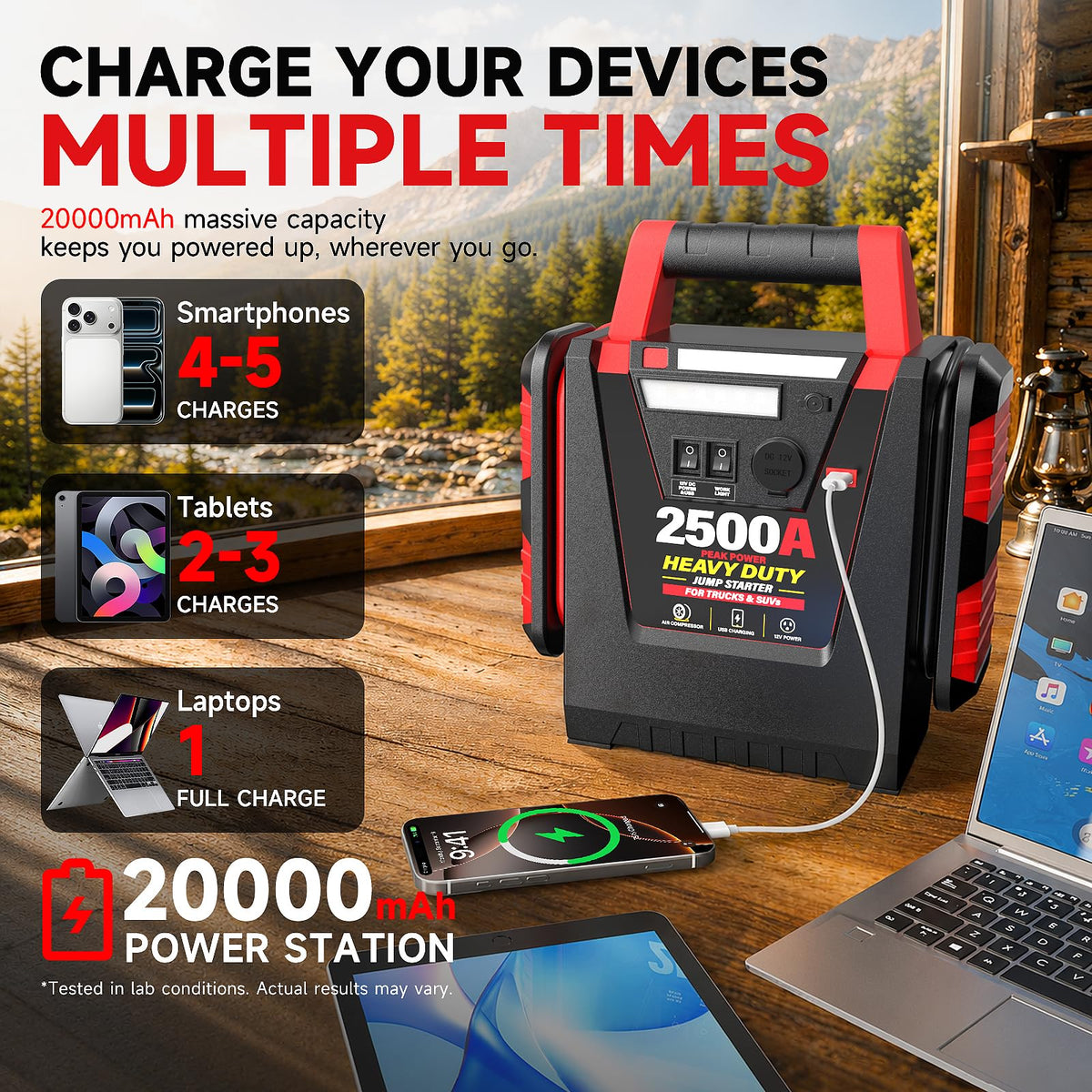 12V Portable Car Jump Starter with Air Compressor and Work Light L8277