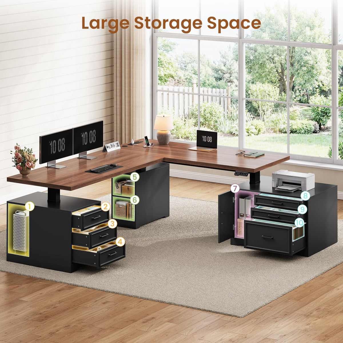 L Shaped Black Electric Standing Desk with 6 Drawers J40102
