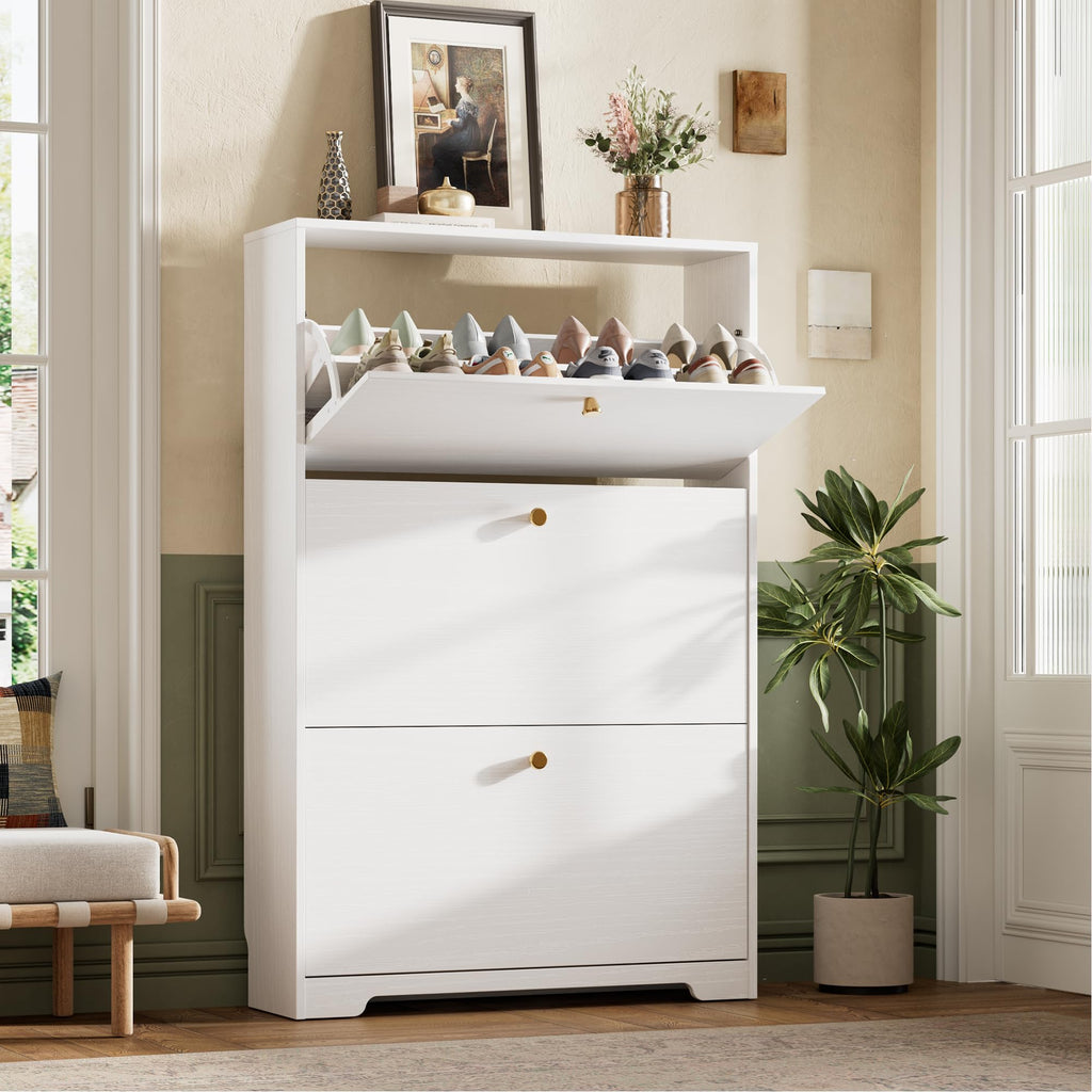 White 3 Flip Drawers Narrow Shoe Storage Cabinet K9918