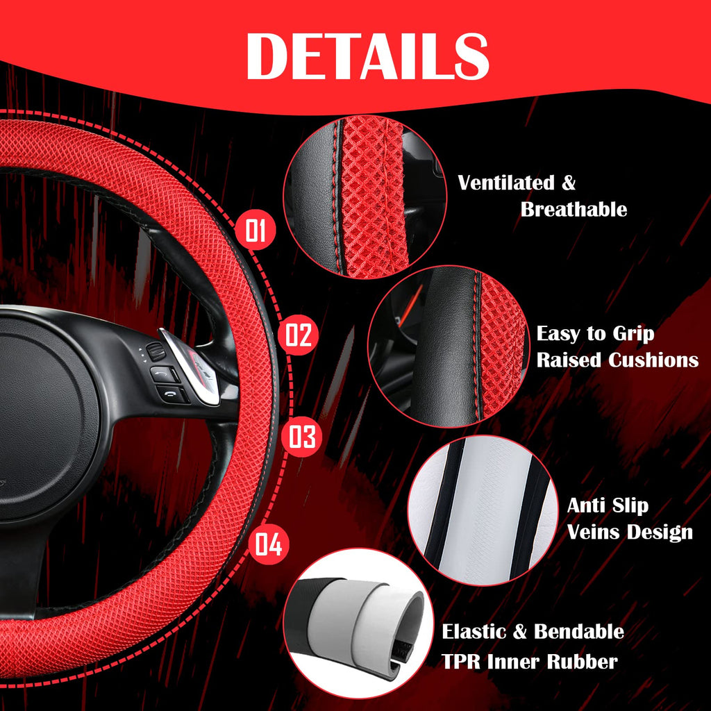 3D Air Mesh Car Seat Covers Full Sets with 4Pcs Floor Mats and Steering Wheel Cover Black Red P1203