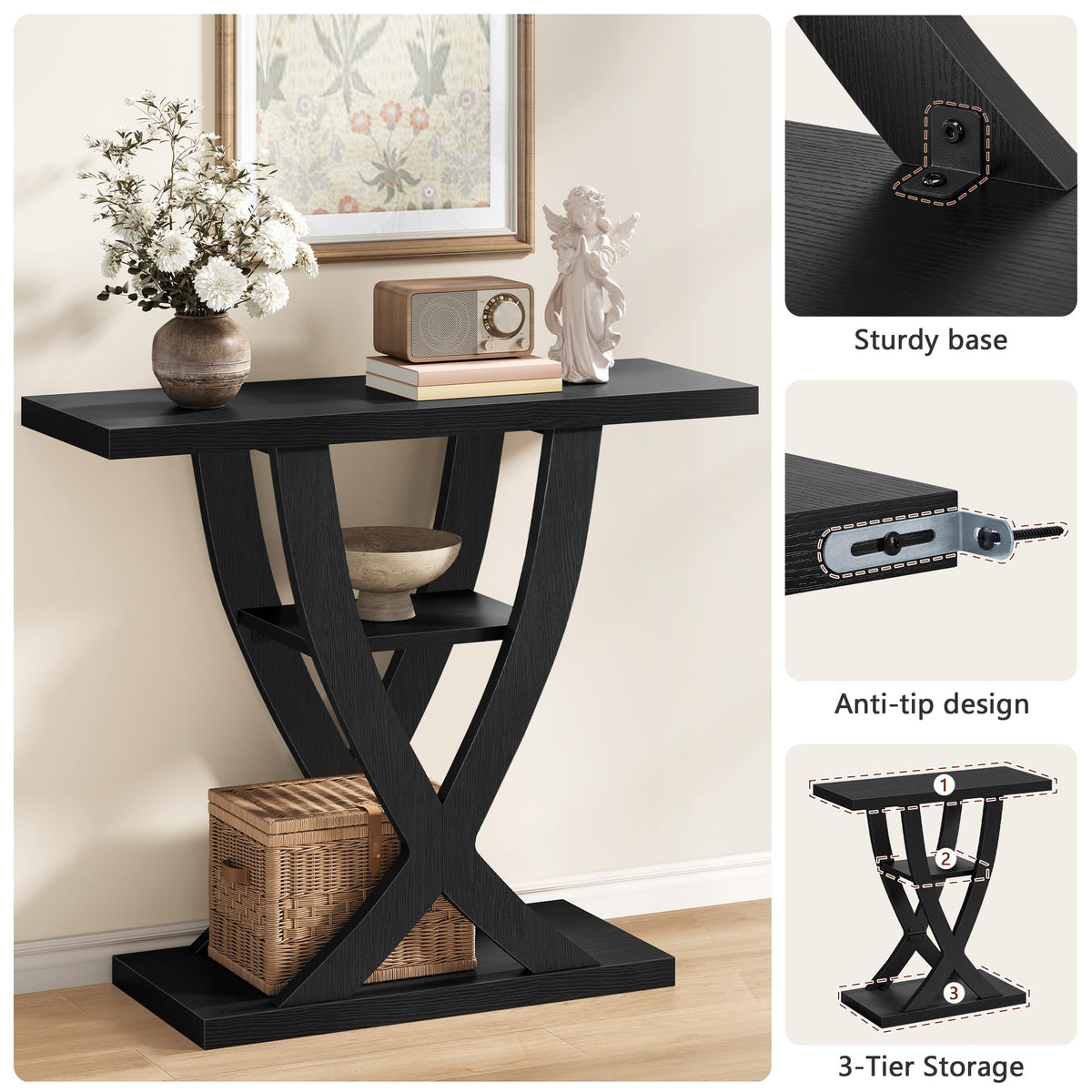 31.5" 3 Tier Black Console Table D666103