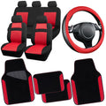 3D Air Mesh Car Seat Covers Full Sets with 4Pcs Floor Mats and Steering Wheel Cover Black Red P1203