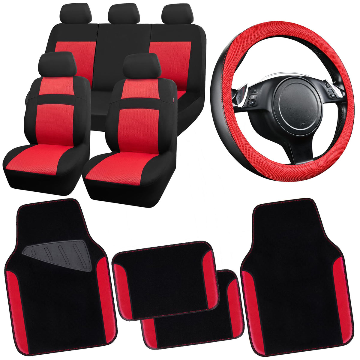 3D Air Mesh Car Seat Covers Full Sets with 4Pcs Floor Mats and Steering Wheel Cover Black Red P1203