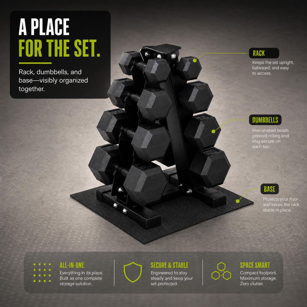 Rubber Coated Hex Dumbbell Weight Set with Rack H281