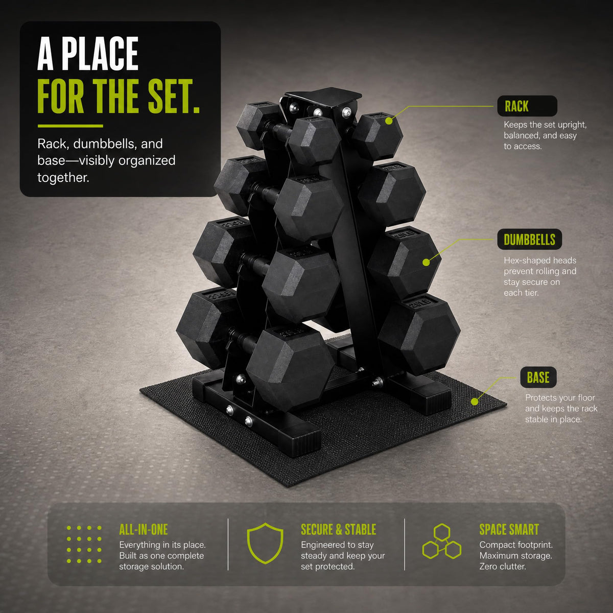 Rubber Coated Hex Dumbbell Weight Set with Rack H281