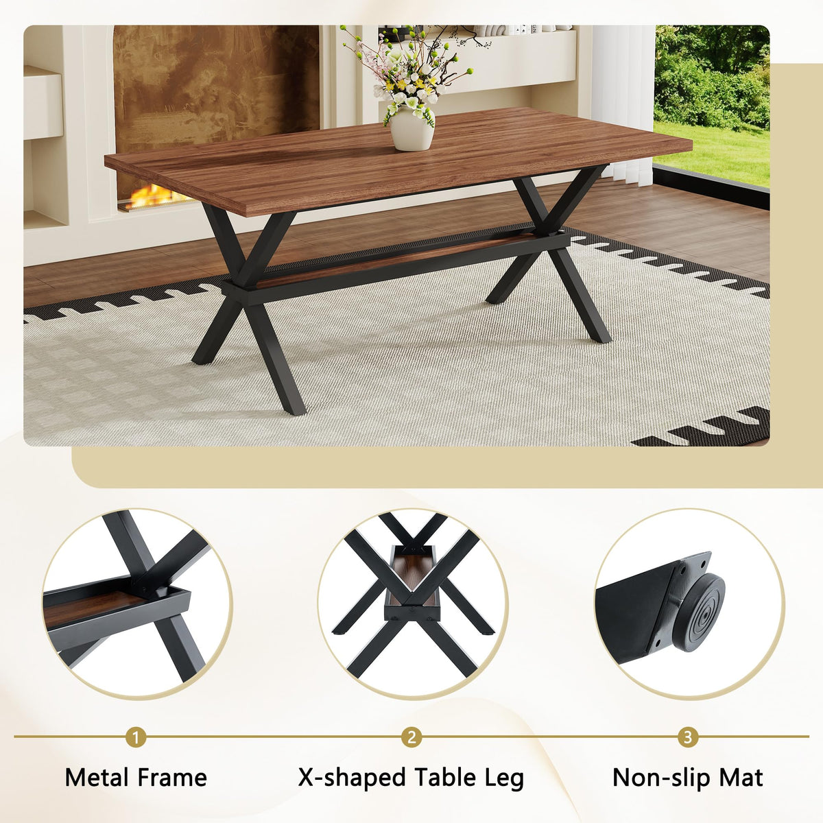 71-inch Dining Table with Chairs Set for 8, Walnut Wood Kitchen Table with Storage Shelf and Metal Legs, Brown PU Chairs Q689