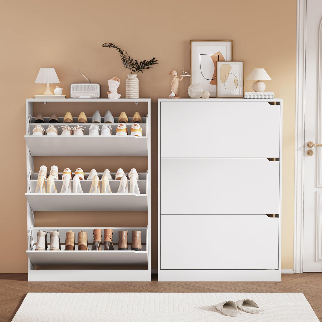 White 3 Flip Drawer Wood Shoe Storage Cabinet G330416