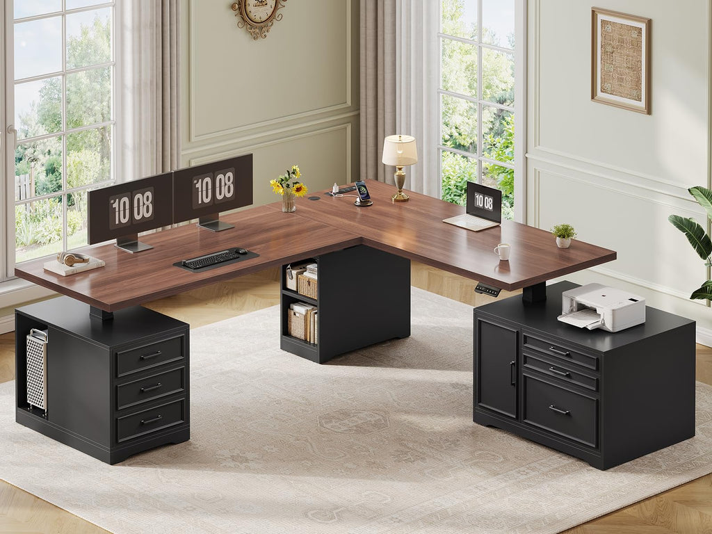 L Shaped Black Electric Standing Desk with 6 Drawers J40102