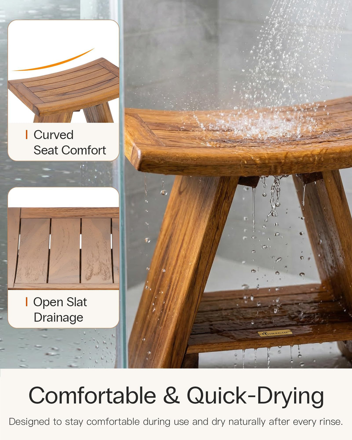 Teak Shower Stool with Shelf, 18 in, 400 lb Capacity Y613