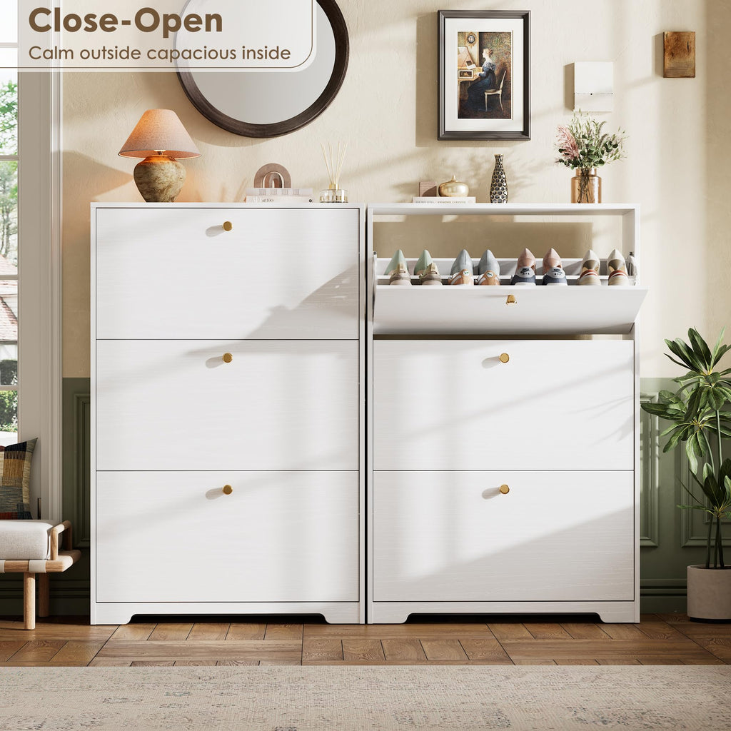 White 3 Flip Drawers Narrow Shoe Storage Cabinet K9918
