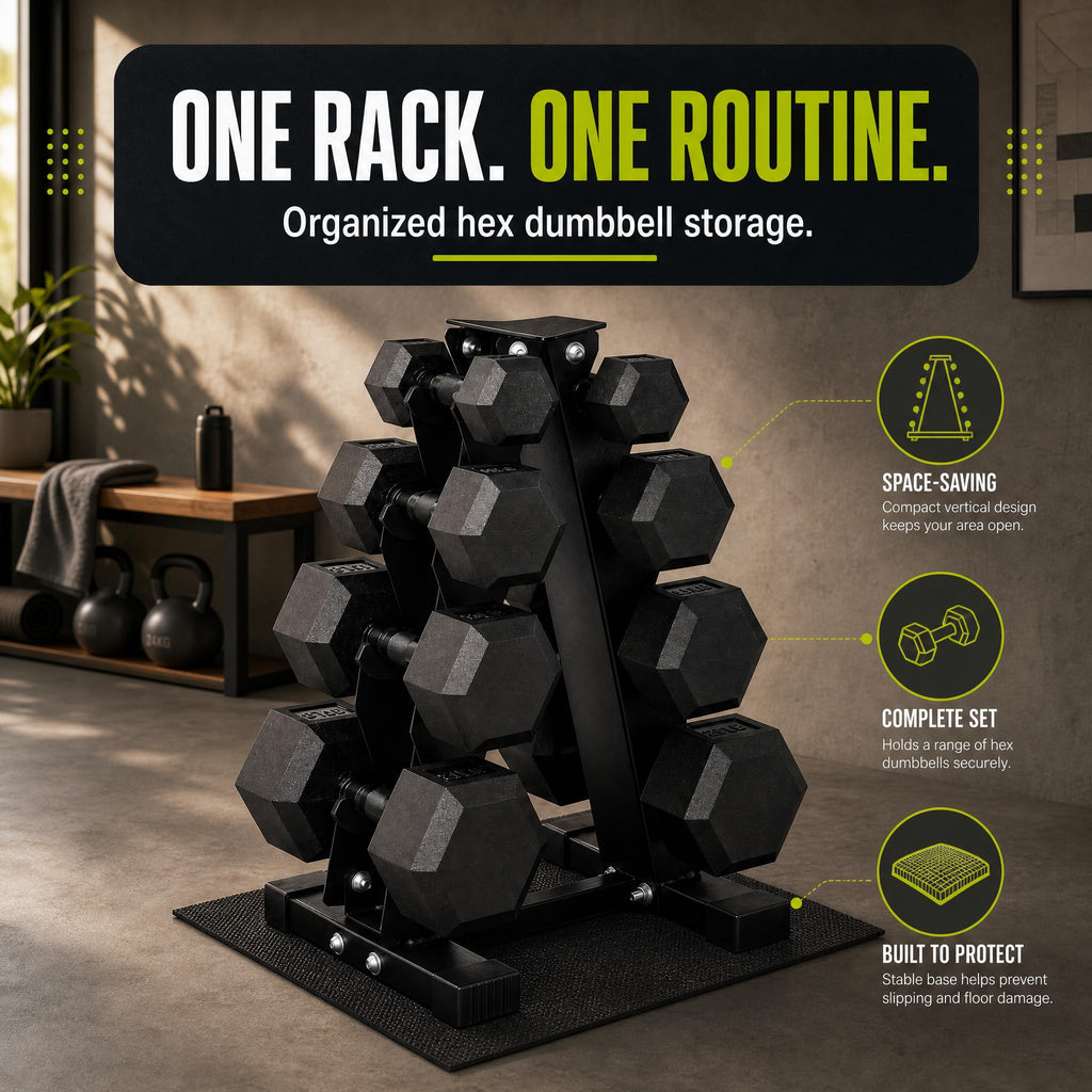 Rubber Coated Hex Dumbbell Weight Set with Rack H281