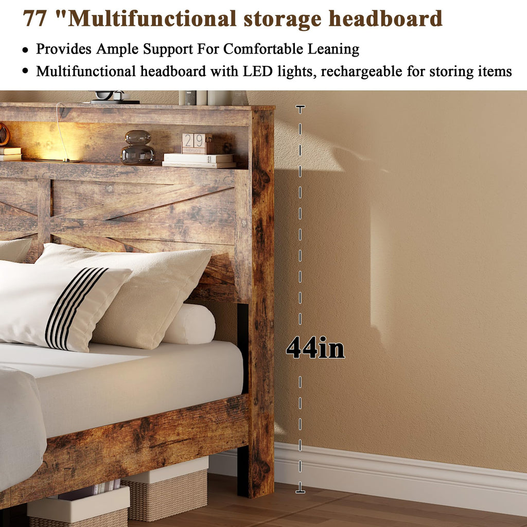 King Size Wood Platform Bed Frame with Headboard Storage Shelf N6495