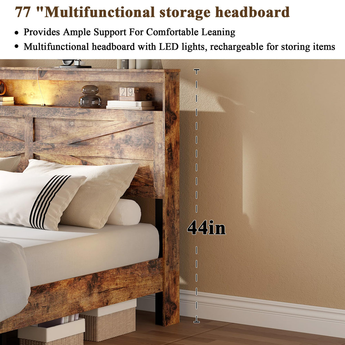 King Size Wood Platform Bed Frame with Headboard Storage Shelf N6495