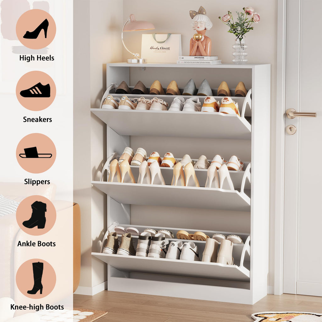 White 3 Flip Drawer Wood Shoe Storage Cabinet G330416