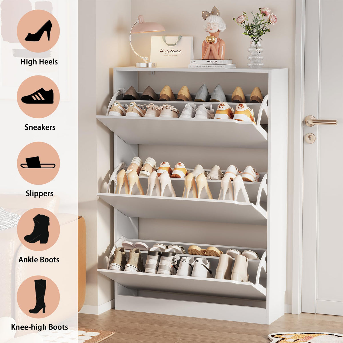 White 3 Flip Drawer Wood Shoe Storage Cabinet G330416