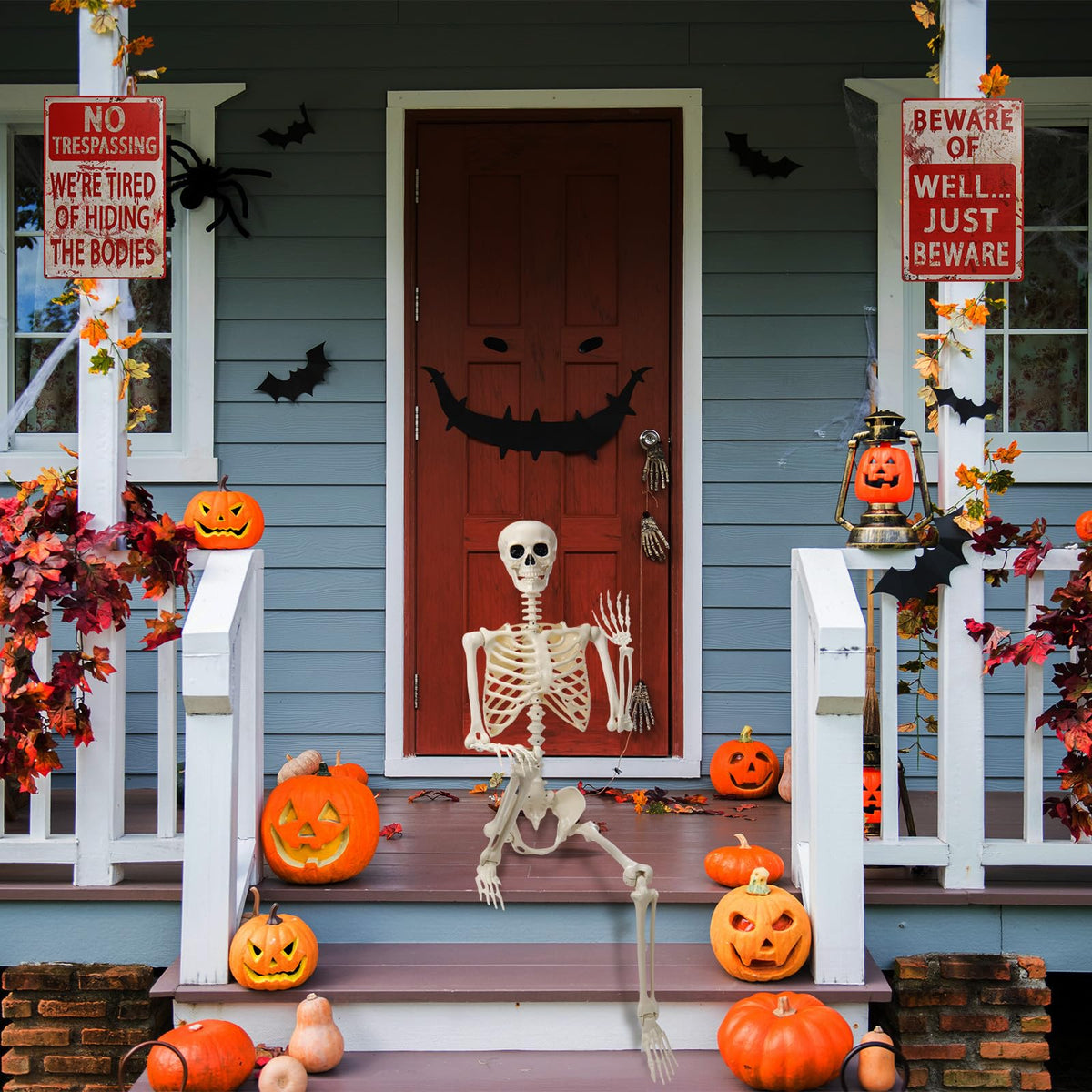 5.4 ft Posable Skeleton with 2 Pack Metal Signs P316