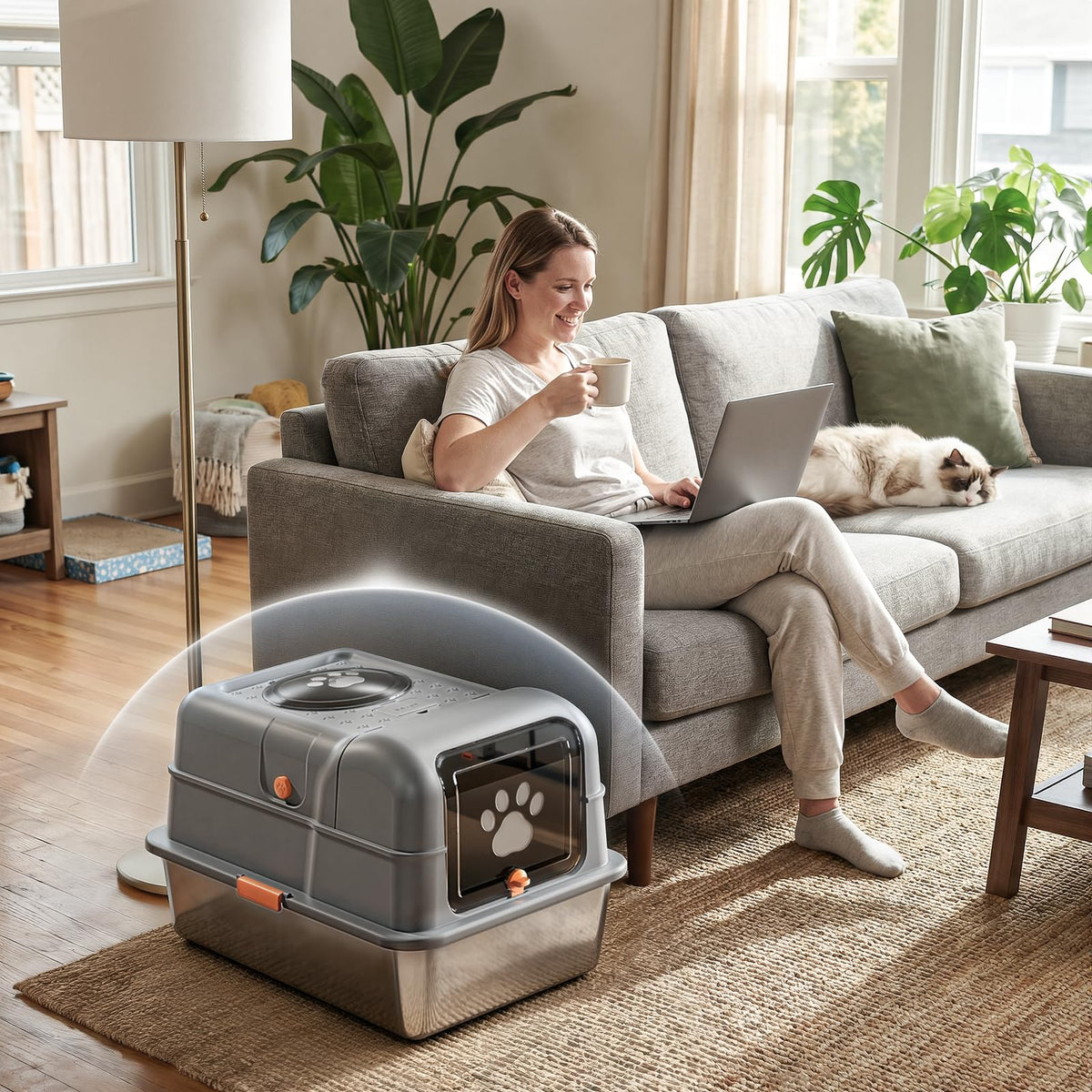 Non-Stick Stainless Steel Cat Litter Box with Lid H738