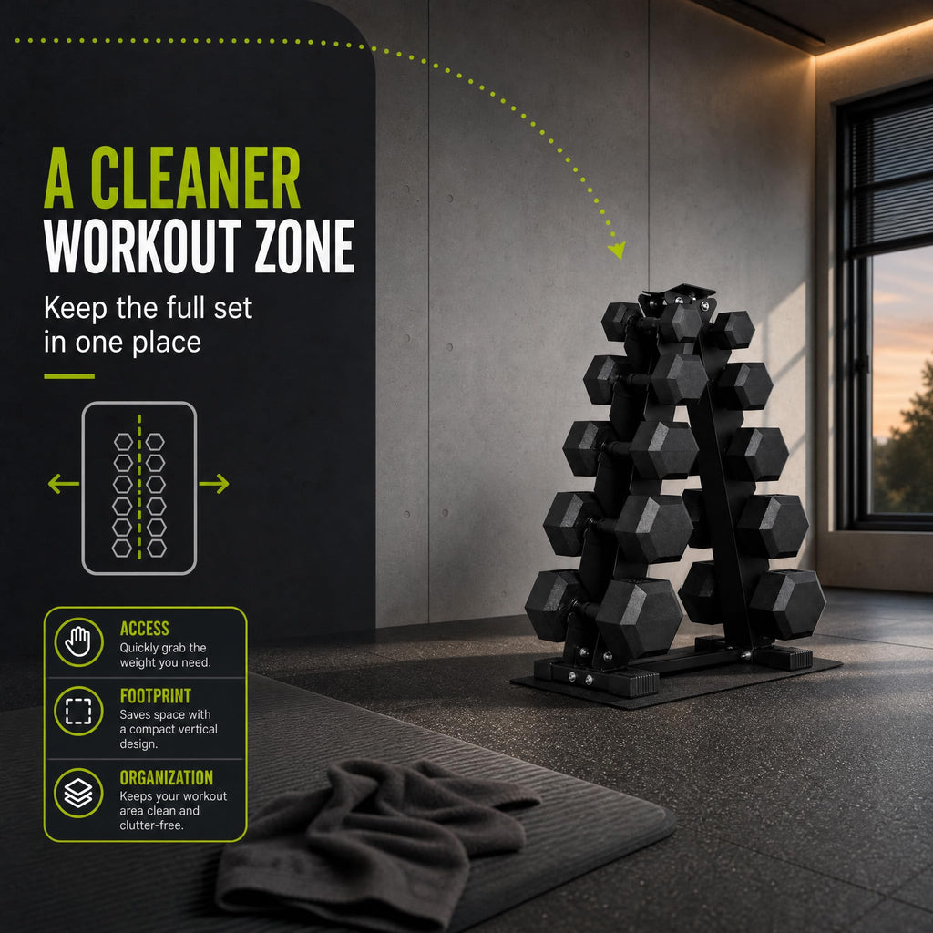 Rubber Coated Hex Dumbbell Weight Set with Rack H281
