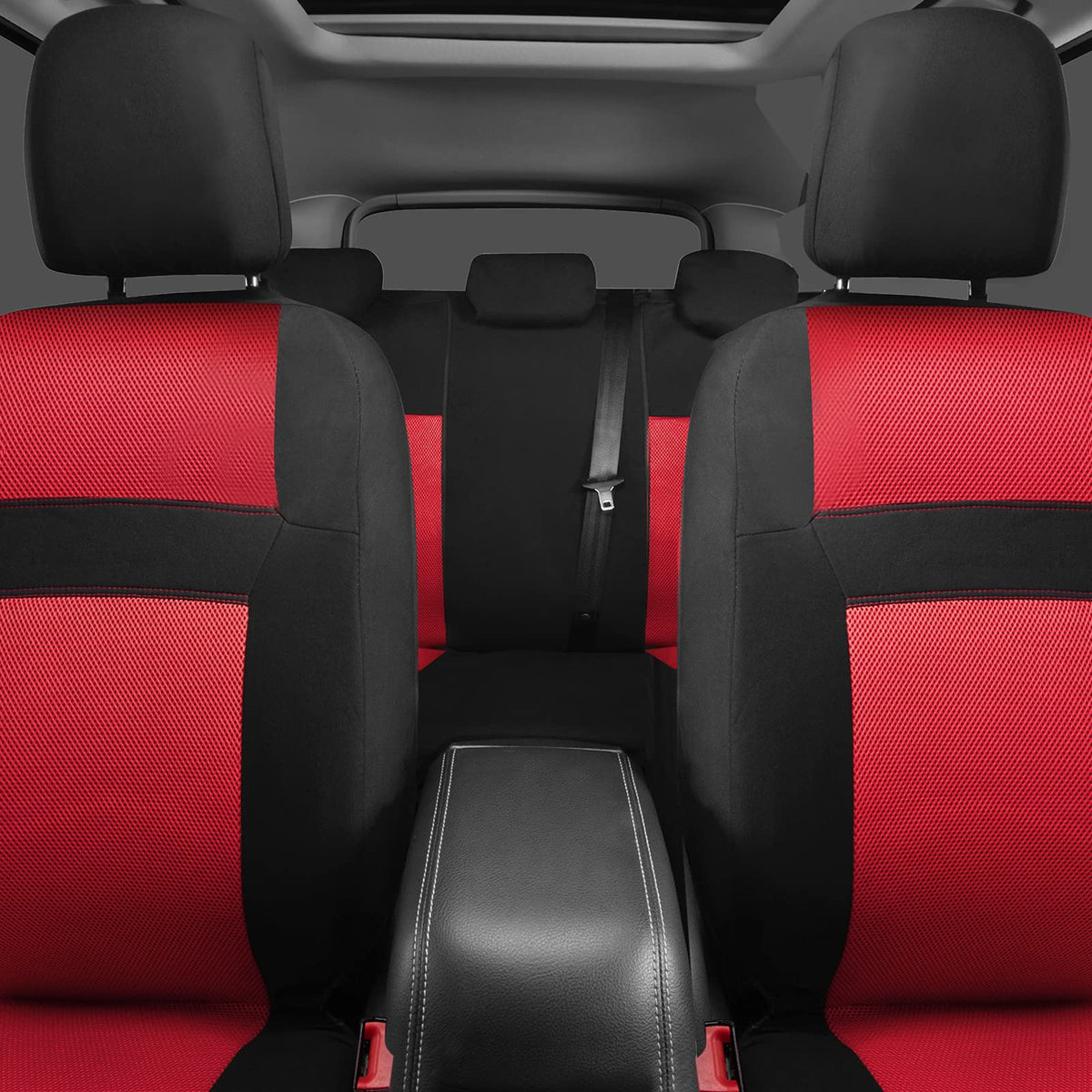 3D Air Mesh Car Seat Covers Full Sets with 4Pcs Floor Mats and Steering Wheel Cover Black Red P1203