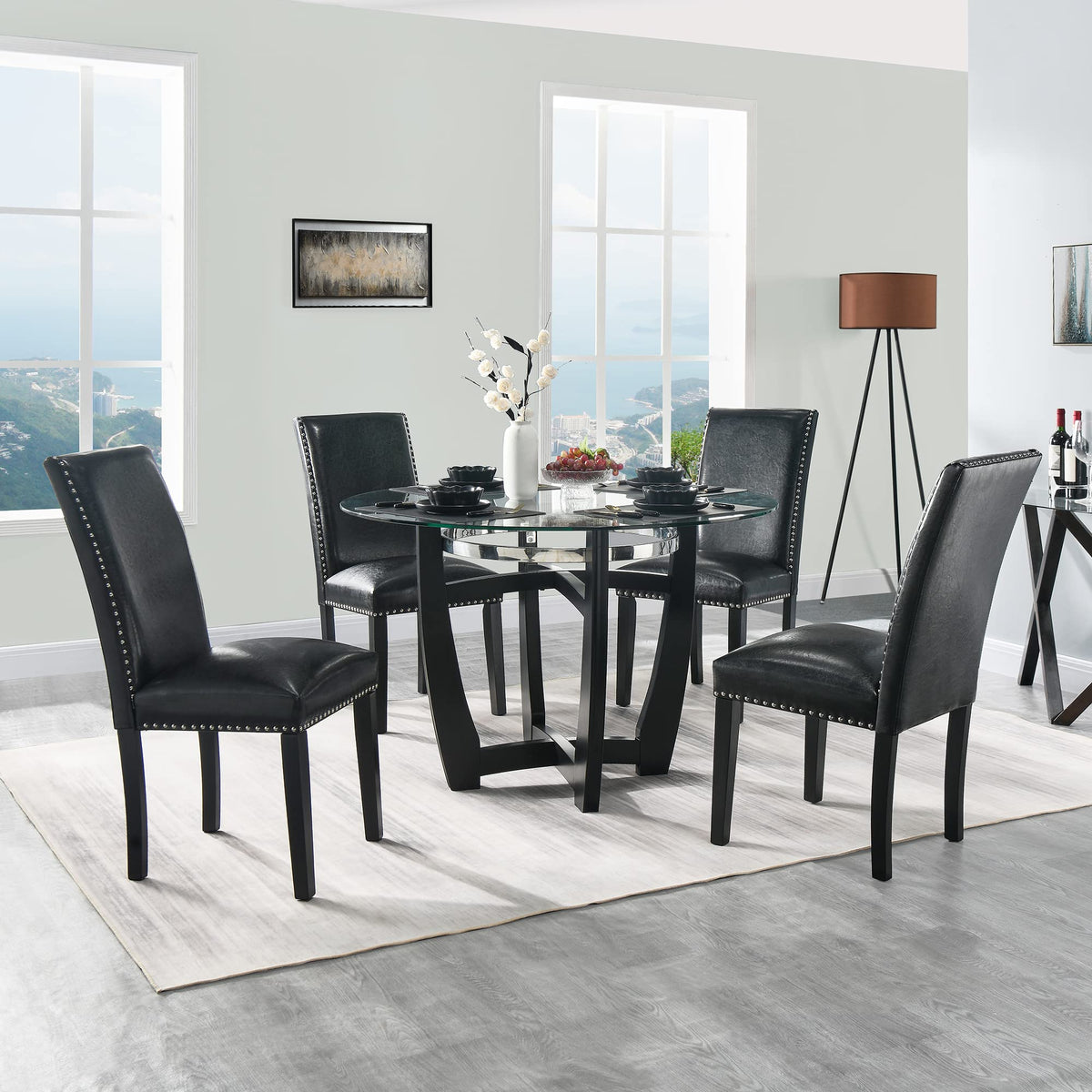 Black Faux Leather Dining Chairs Set of 4 with Wood Legs D686503