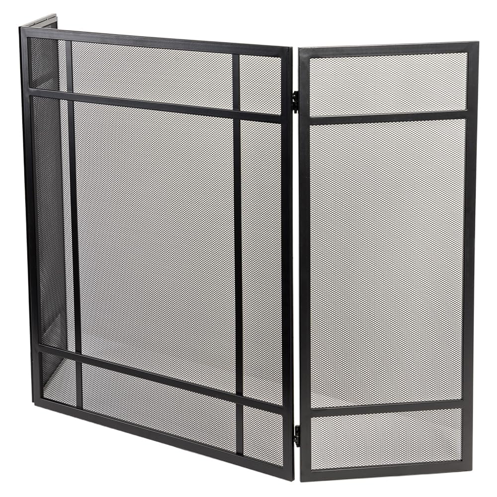 Black 3-Panel Steel Mesh Trifold Fireplace Screen J5710