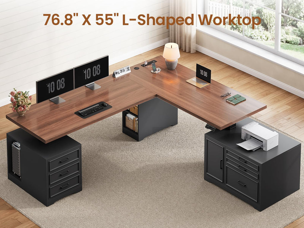 L Shaped Black Electric Standing Desk with 6 Drawers J40102