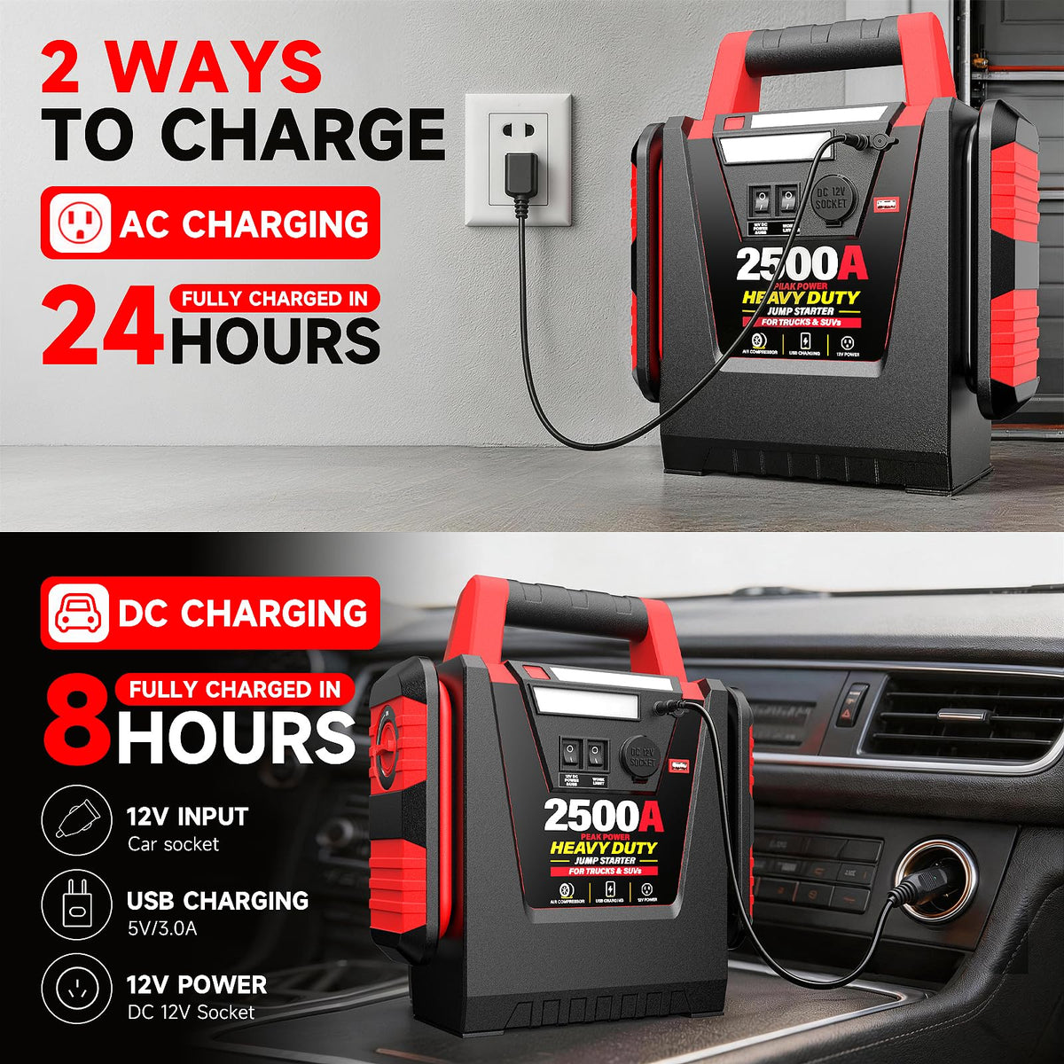 12V Portable Car Jump Starter with Air Compressor and Work Light L8277