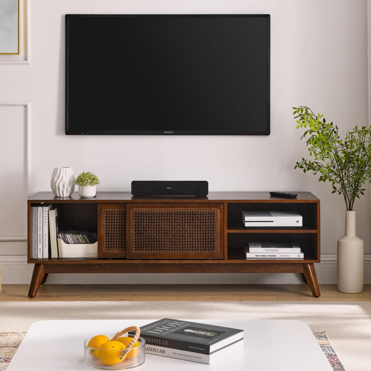 Rattan TV Stand for 65 Inch TV with Sliding Barn Door D34958
