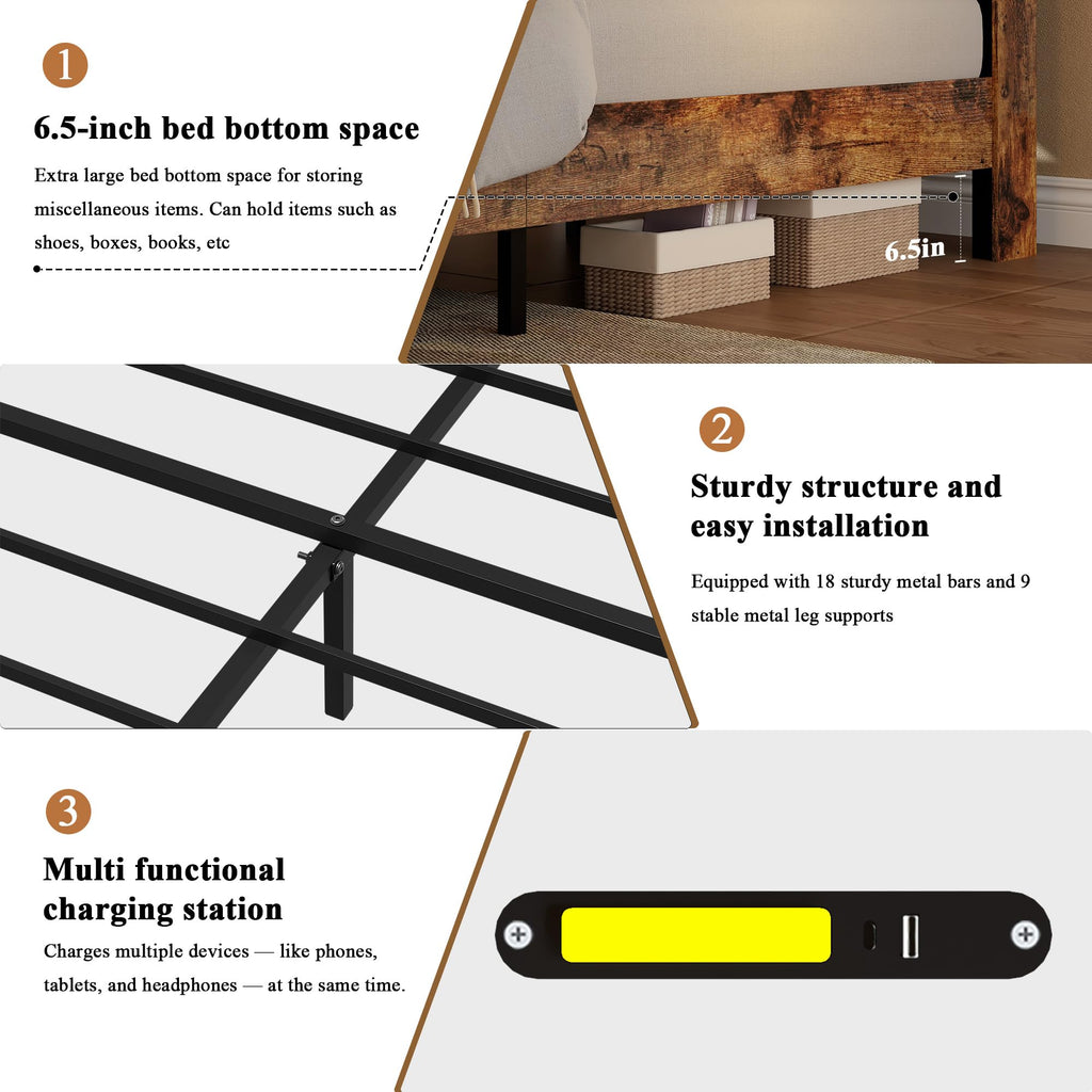 King Size Wood Platform Bed Frame with Headboard Storage Shelf N6495