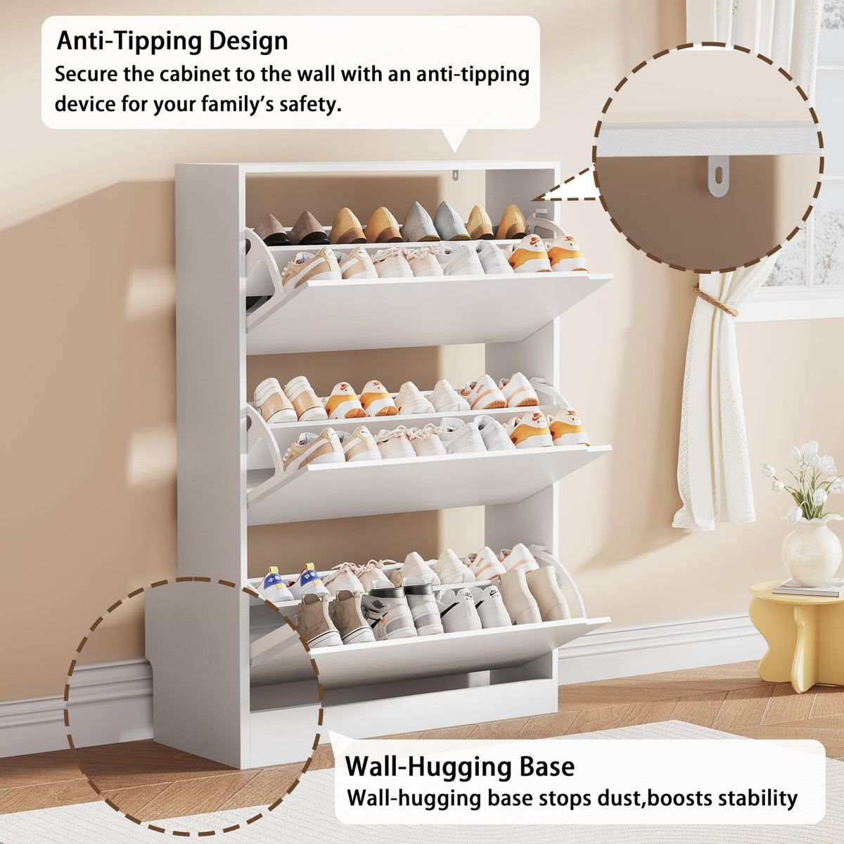 White 3 Flip Drawer Wood Shoe Storage Cabinet G330416