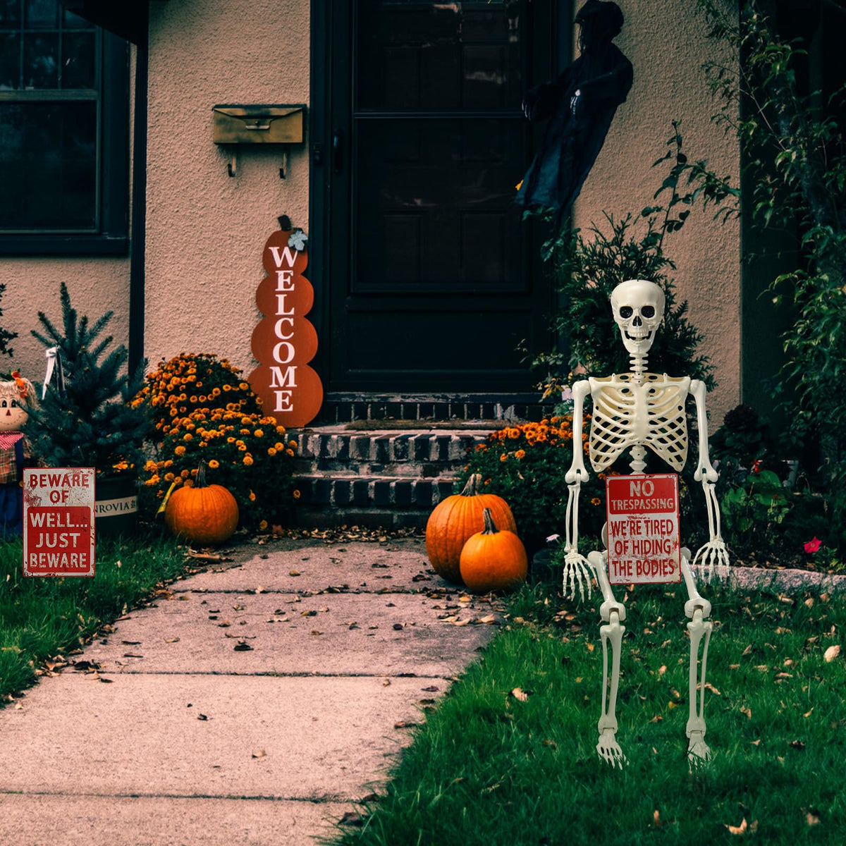 5.4 ft Posable Skeleton with 2 Pack Metal Signs P316
