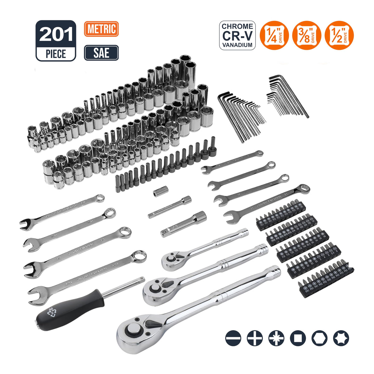 201-Piece Mechanic's Socket Tool Set with Case, SAE and Metric, Chrome-Vanadium Steel S737